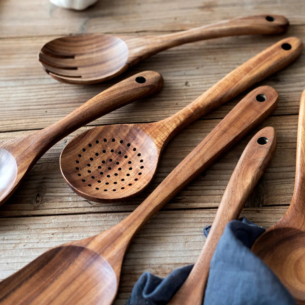 6Pcs Kitchenware Set Kitchen Tools Set Cooking Shovel Spoon Mixing Wooden Spoon Teak Wooden Shovel Storage Tableware