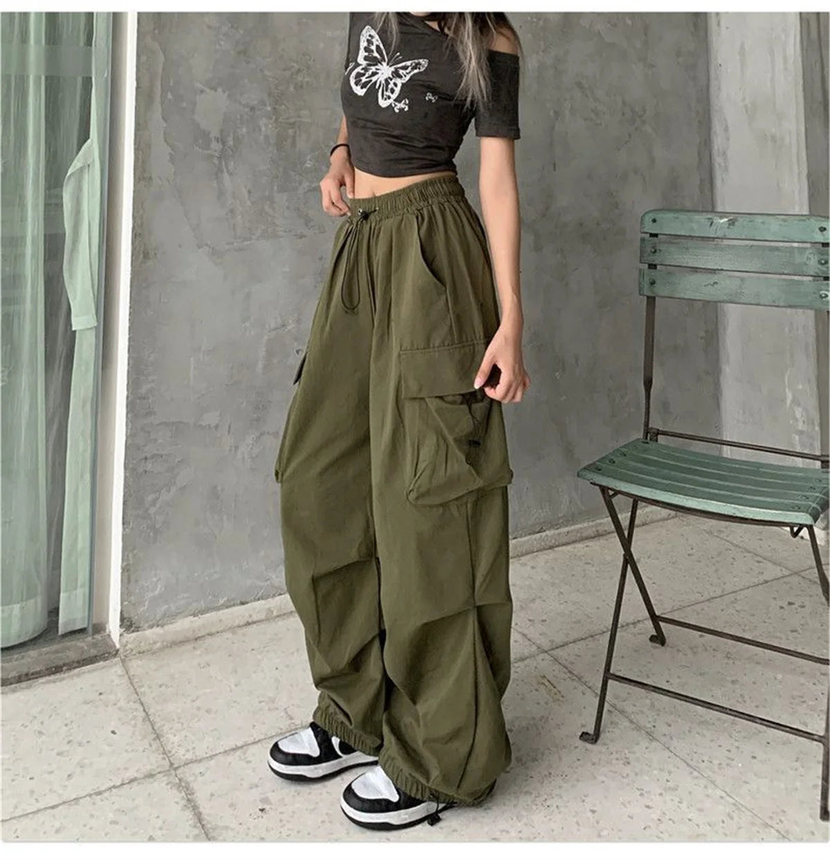 Red Big Pockets Cargo Pants Women High Waist Loose Streetwear Baggy Tactical Trouser Fashion Hip Hop Joggers Trousers Female
