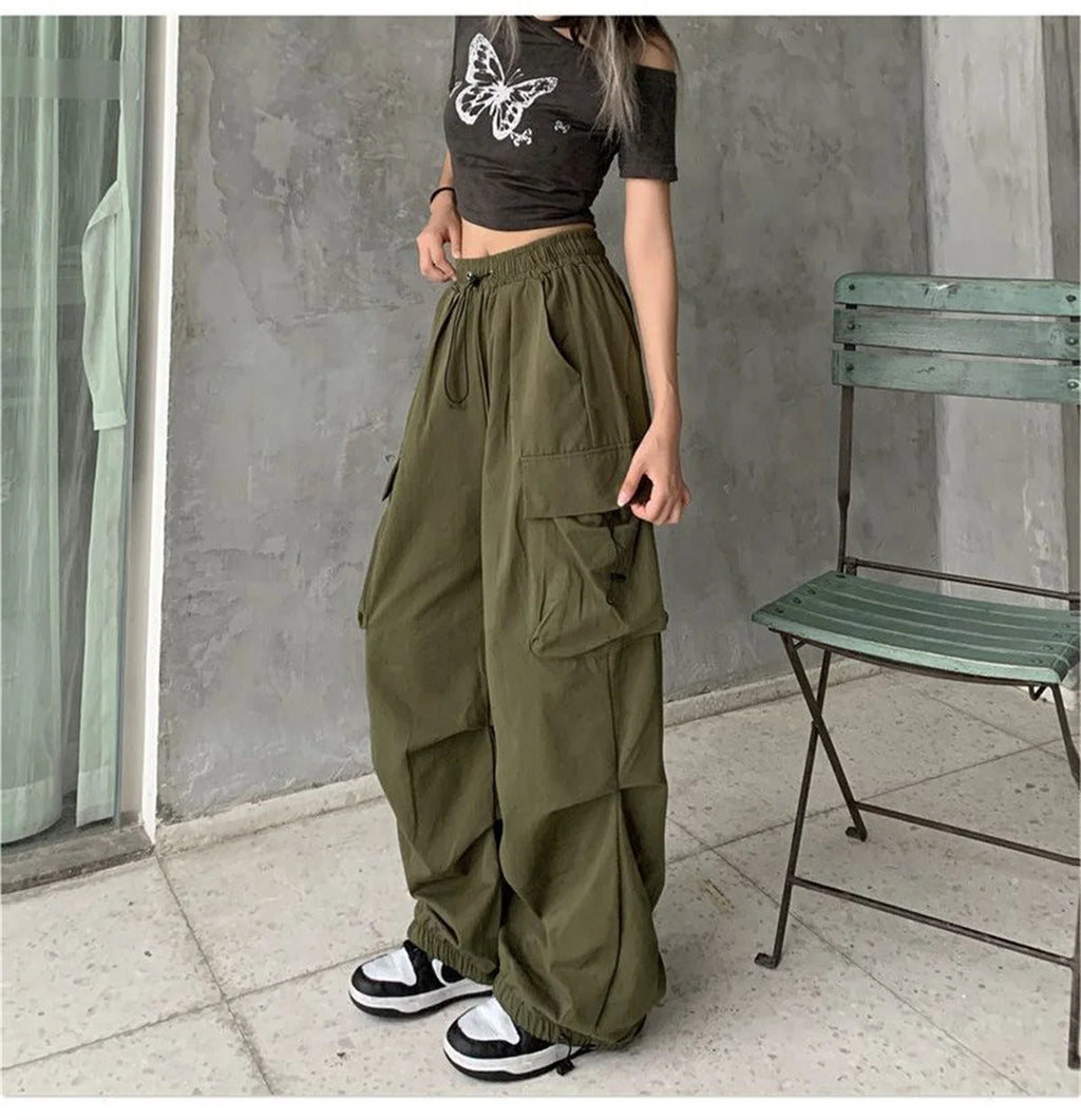Red Big Pockets Cargo Pants Women High Waist Loose Streetwear Baggy Tactical Trouser Fashion Hip Hop Joggers Trousers Female