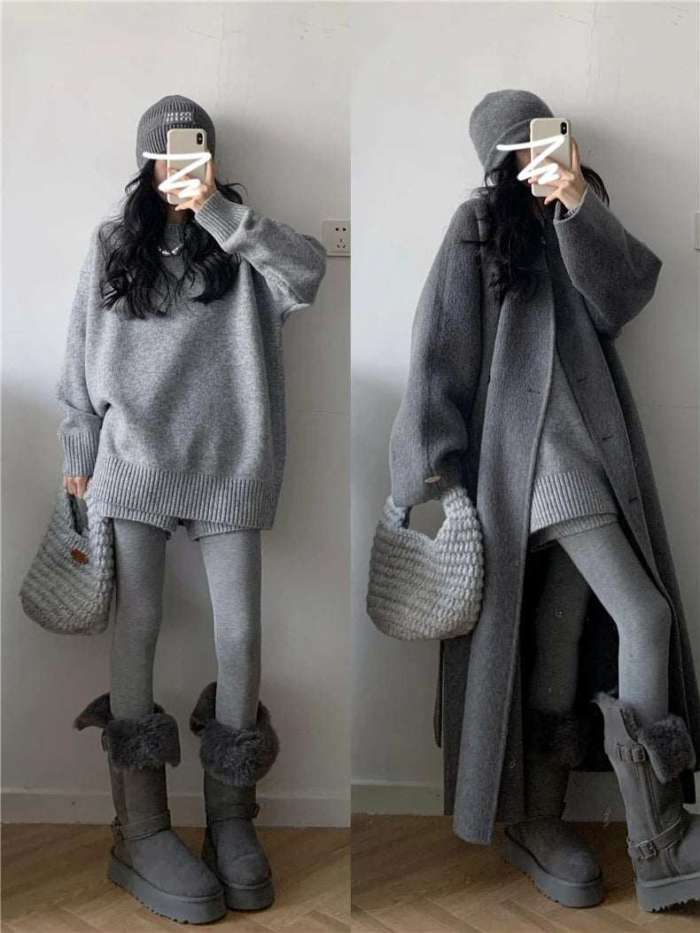 Women Oversized Grey Knit Co-ord Set Autumn Winter Soft Loungewear Minimalist Relaxed Fit Sweater & Shorts 2PCS Outfit Suit