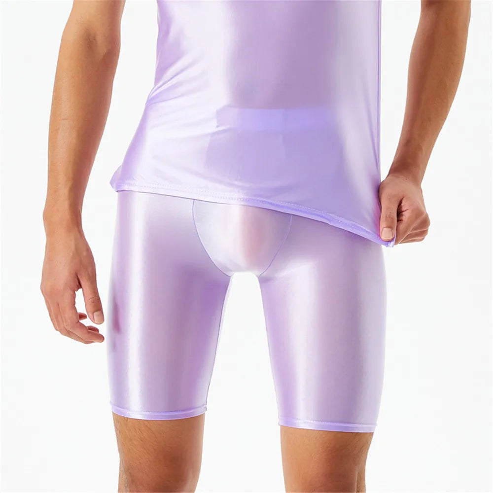 Men Oil Shiny Shorts gym Shapewear Ice Silk High Elastic Sexy Boxer Tight Shape U Pouch Sheath Man Shorts Smooth Candy Color