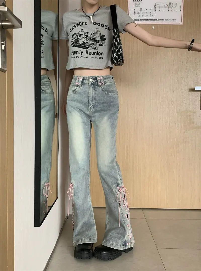 Y2k Pink Fashionable Lace-up Flared Jeans Autumn New High Waist Bootcut Denim Pants Female Clothing Korean Slim Vintage Trousers