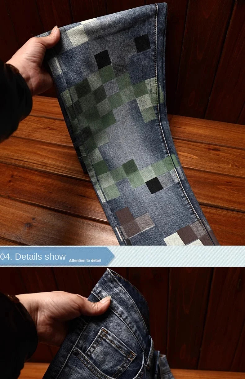 Trendy design mosaic printed jeans for men's fashionable summer thin casual and handsome elastic denim slim fit small leg pants