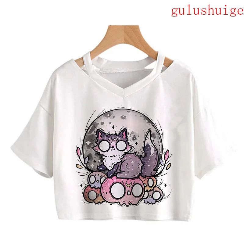 Y2k Crop Top Funny Cute Cat T Shirt Women Shirt Cropped Harajuku Graphic Ulzzang T-shirt 90s Tshirt Top Tee Female Gothic