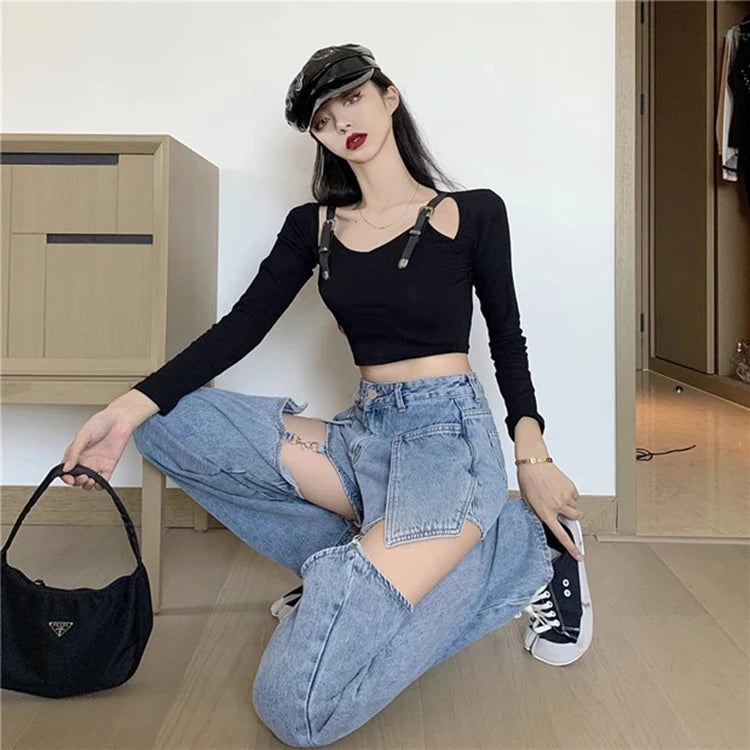 Women Straight Leg Ripped Jeans For Women Fashion Loose Hole Streetwear Women High Waist Pants Hole Denim Trousers
