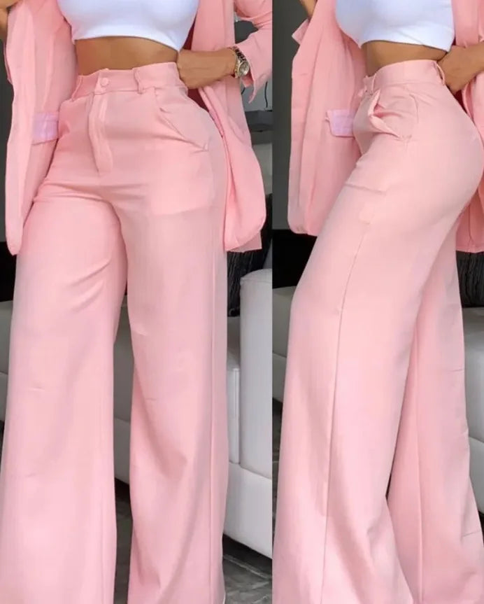 Two Piece Set Women Outfit Autumn Fashion  Collar Long Sleeve Blazer Coat & Elegant Pocket Design Work Pants Set