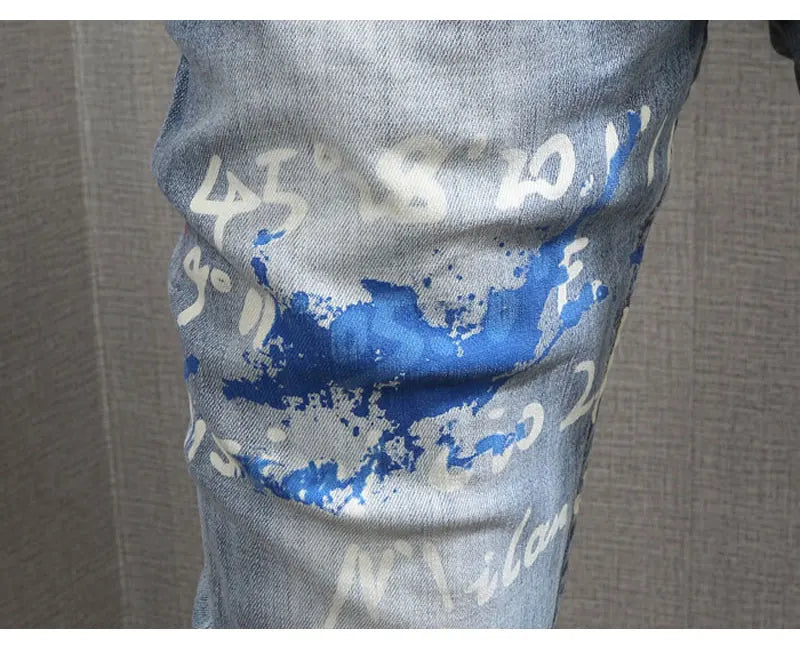 Designer Fashion New Men's Jeans Letter Printed Washed Nostalgic Stretch Slim Fit Retro Light Blue Jeans Hip Hop Brand High Qual
