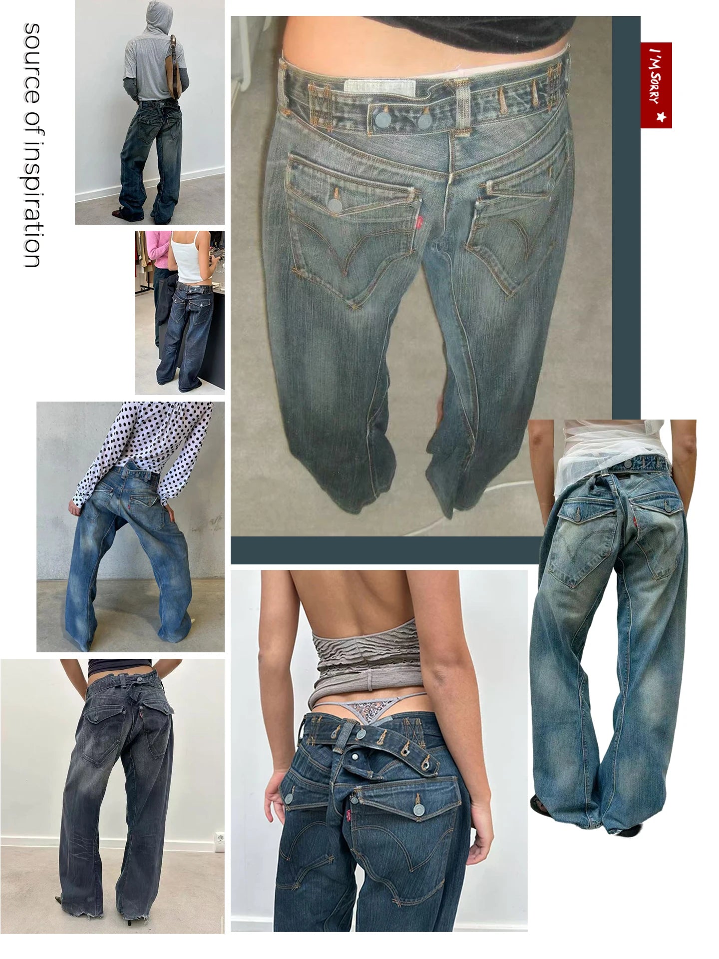 Vintage American-Style Washed Jeans for Women, Mid-Low Waist Design, Loose Wide-Leg, Height-Enhancing, Washed Blue Jeans, Paris Buckle Adjustable Three-Dimensional Curved Knife-Cut Trousers