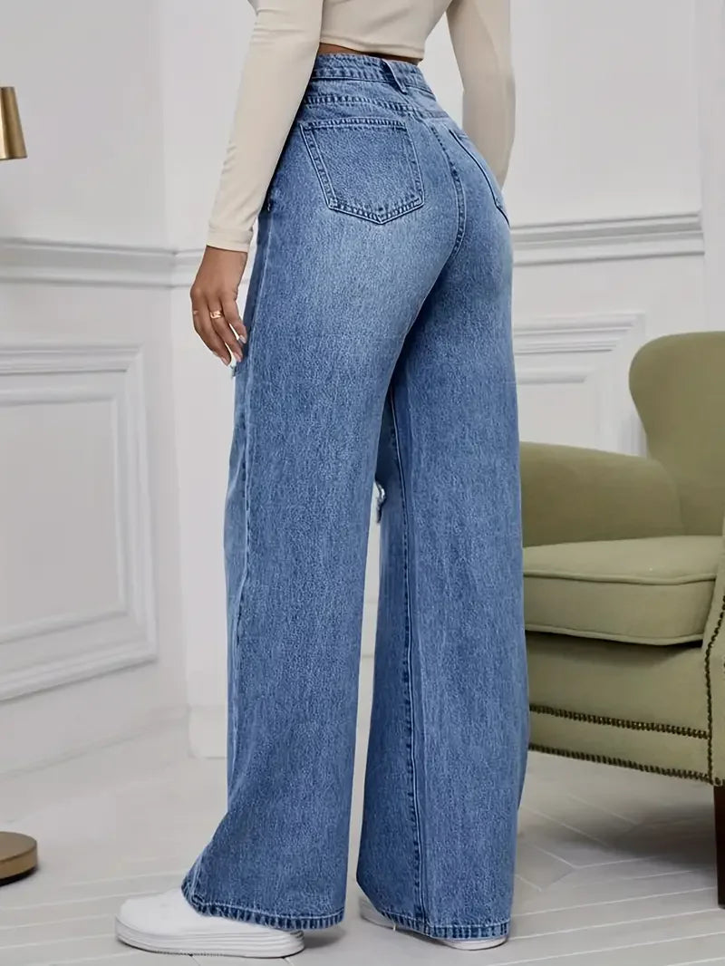 Denim Pants Women's Jeans Wide Leg Vintage Distressed Ripped Trousers 2026 Streetwear Washed Pockets Floor Length Hole Jeans