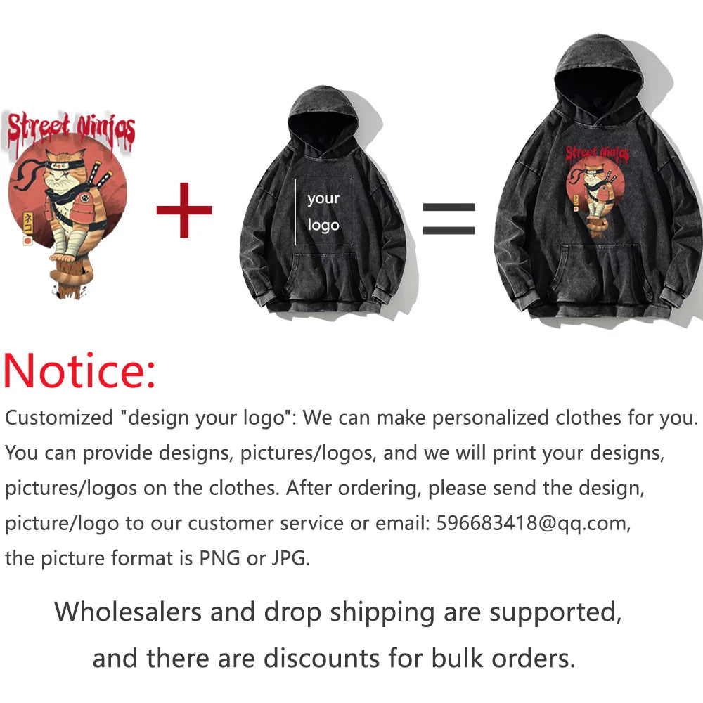 100% Cotton Men's Clothing Vintage Black Acid Wash Hoodies Men Women Oversized Hip Hop Sweatshirts Casual Pullover Y2K Clothes