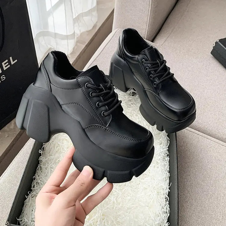 Platform Wedge Sneakers Chunky Shoes PU Leather Women Black Shoes 2025 Spring Autumn Walking Sneakers Fashion Women Tennis Shoes