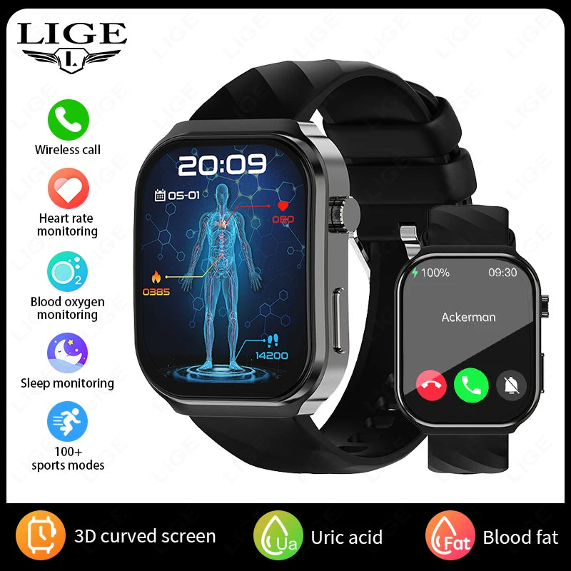 LIGE New AI Healthy Diagnose Smart Watch 2.2" Curved Screen Women Men Blood Lipid Uric Acid Heart Rate Health Tracker Smartwatch