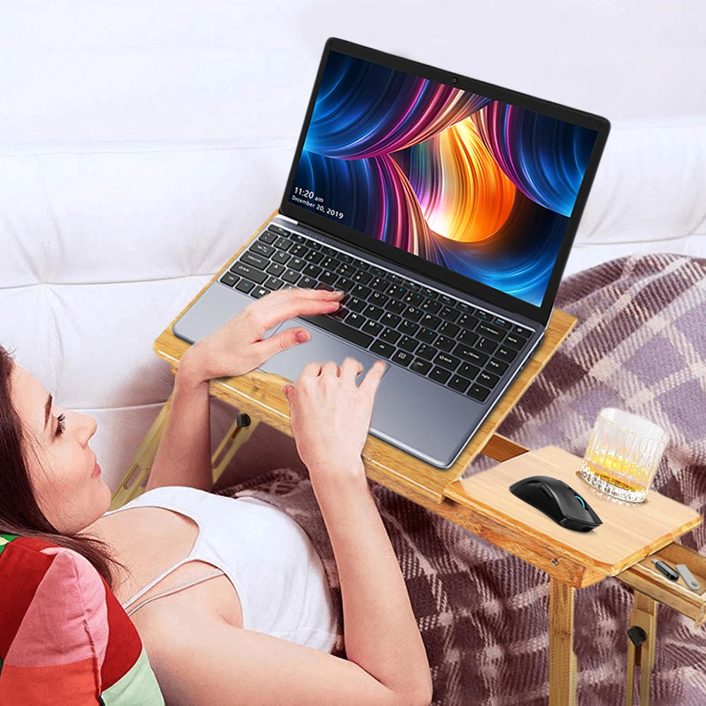 Laptop table, bamboo adjustable foldable laptop stand notebook table bedside folding table with drawer slots breakfast tray