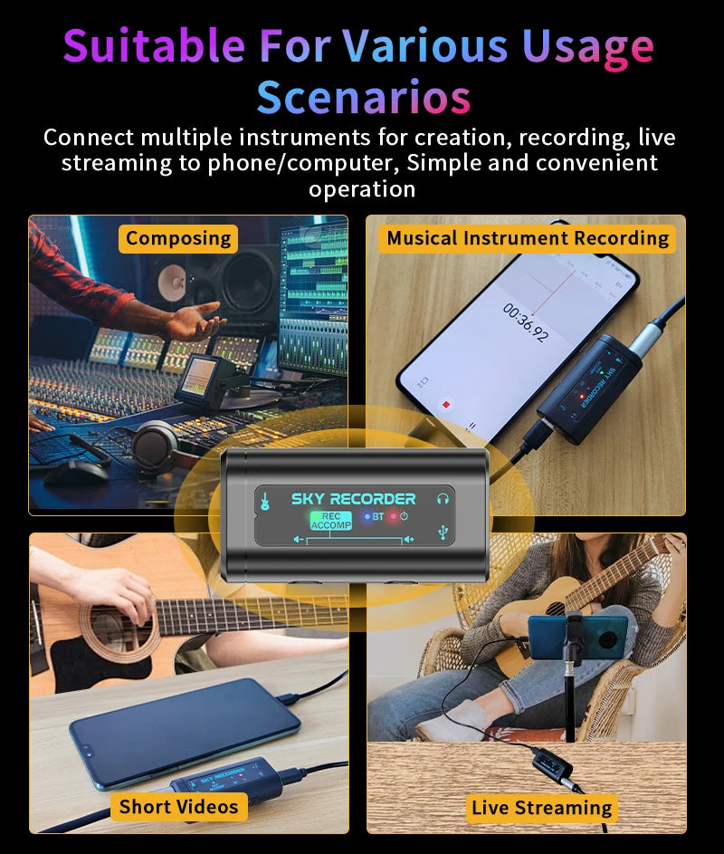SKY RECORDER Portable Sound Card USB Conversion Interface Plug and Play Use for Guitar Bass Ukulele Guitalele Mini Audio Mixer