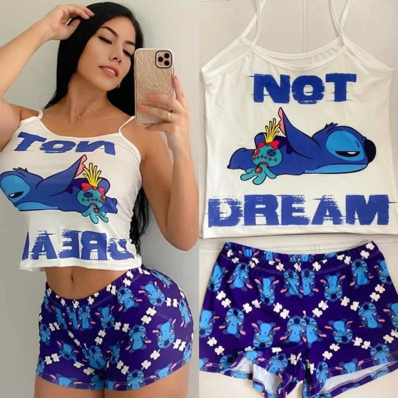 2Pcs Disney Stitch T-Shirt Short-Sleeved Set Summer Cartoon New Kawaii Yoga Suit Sports Shorts Sexy Suspender Pajamas Homewear