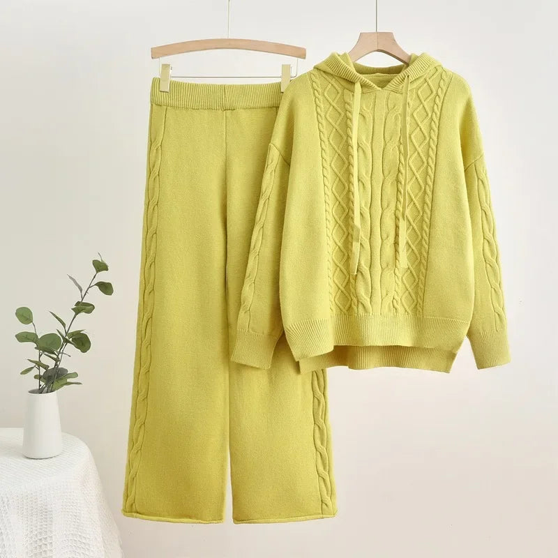 High Waist Sweatpants Outfit New Fall Winter Knitted 2 Piece Sets Women Casual Hooded Knitwears Sweater Pullover Tops Conjuntos