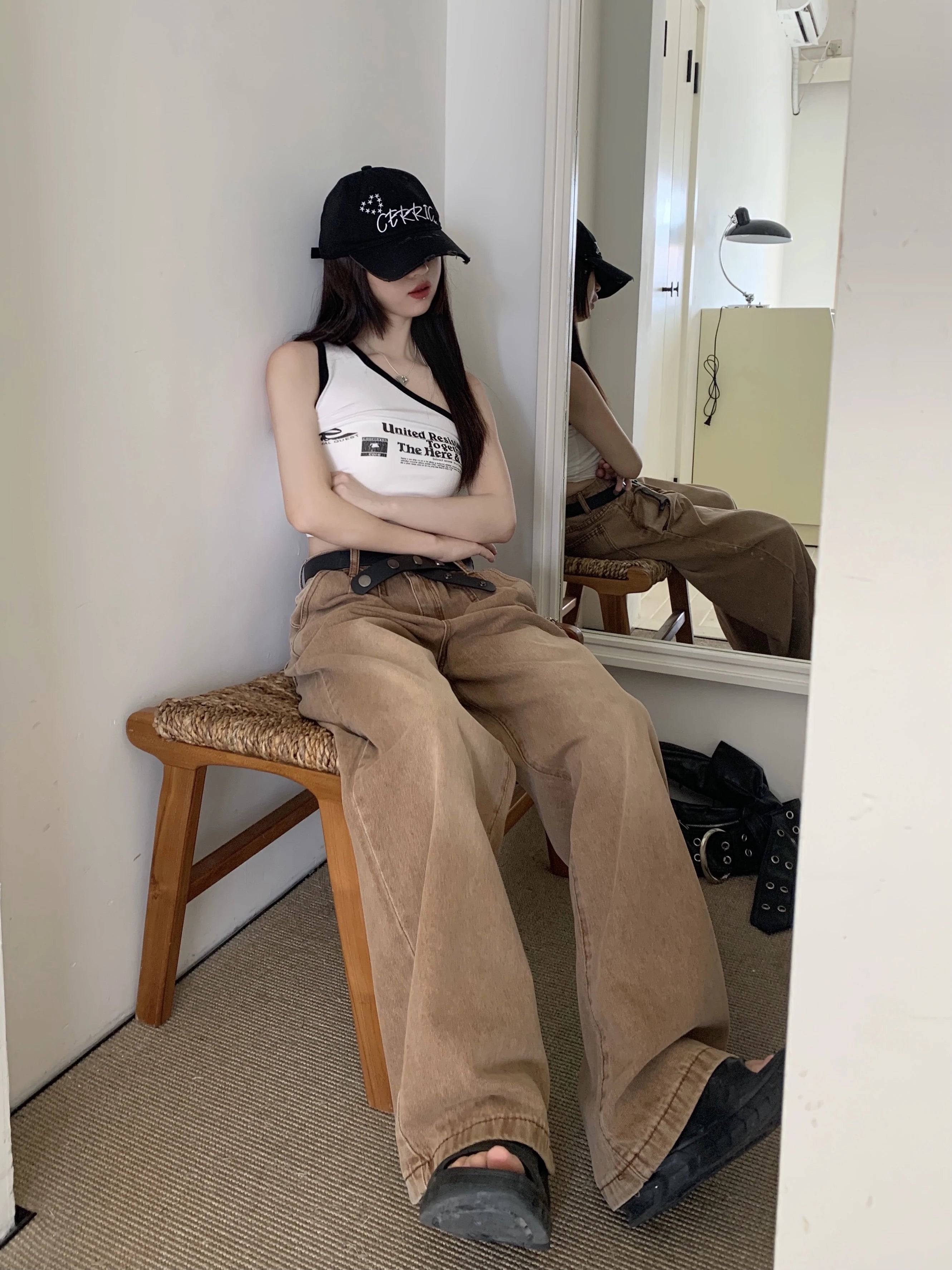 New Solid Color Slim Belt Women Jeans Simple Basic Dark Brown Straight Pants Chicly Fashion Street Casual Loose Woman Jeans