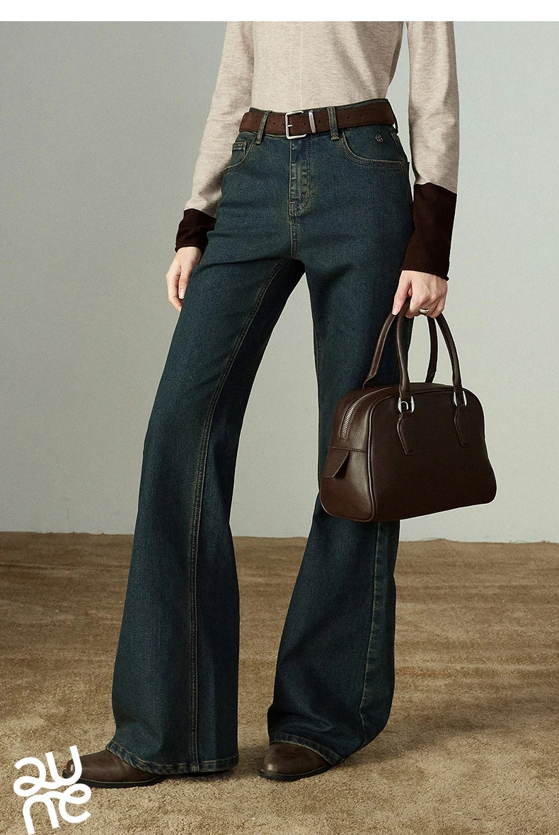 TOYOUTH Women Stretch Jeans 2025 Winter New Slightly Flared Mid-low Waist Slim Fitting Slimming Warm Fleece-lined Long Pants
