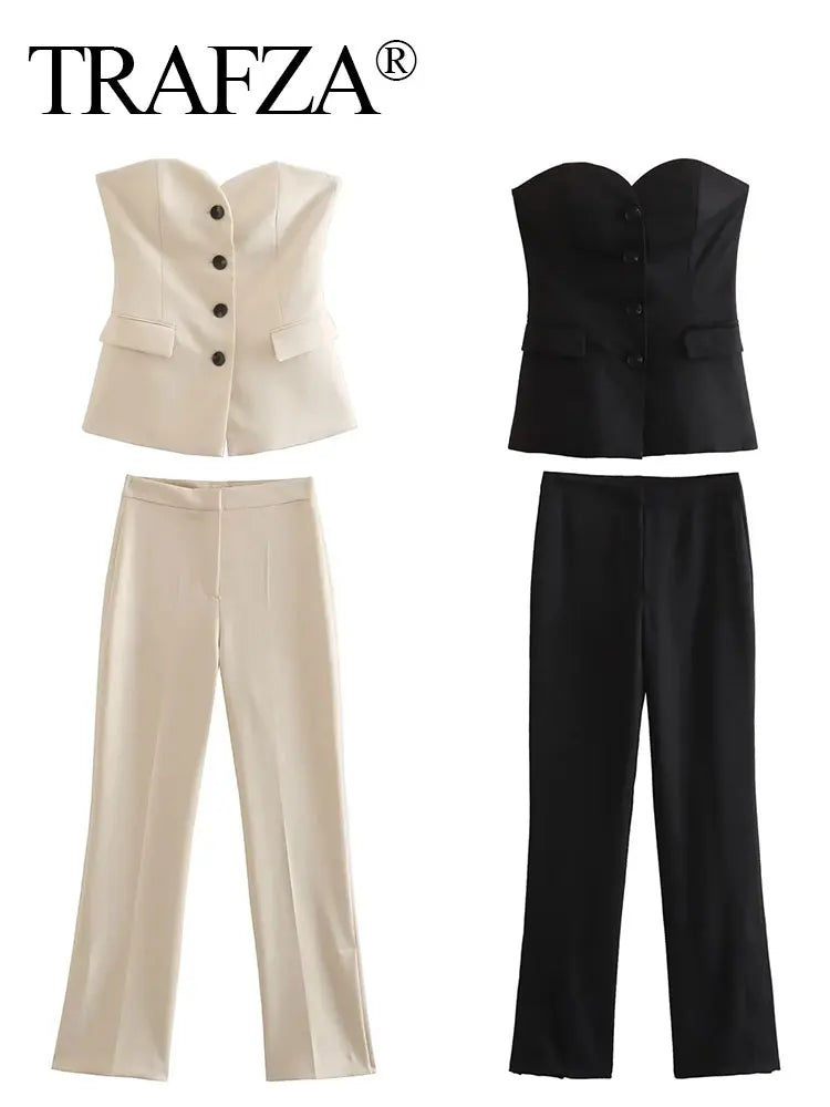 HH Pant Sets For Women Fashion Beige Single Breasted Strapless Slim Tank Top Vest High Waist Straight Pants Office Lady Suit