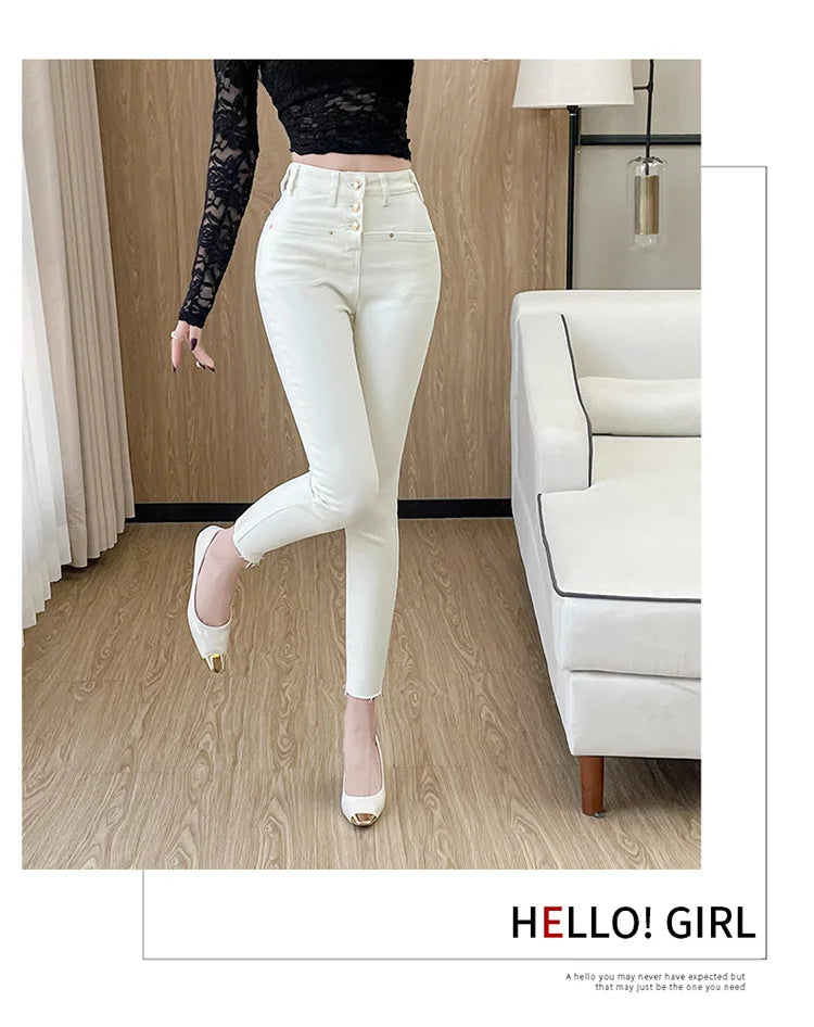 New White Skinny Jeans Woman High Waist Casual Stretch Jeans Vintage Sexy Femme Ankle Length Pencil Pants Denim Jeans