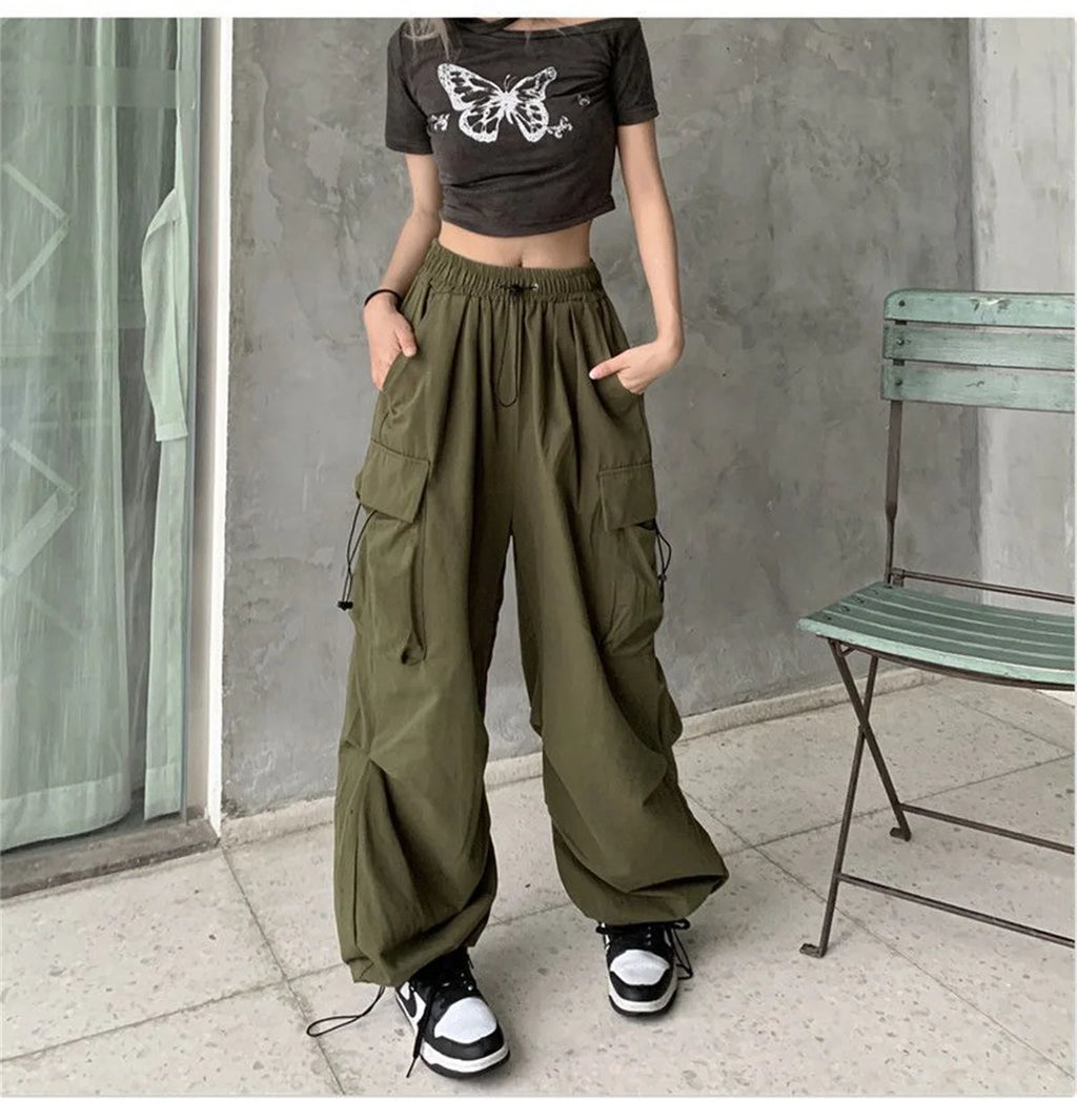 Red Big Pockets Cargo Pants Women High Waist Loose Streetwear Baggy Tactical Trouser Fashion Hip Hop Joggers Trousers Female