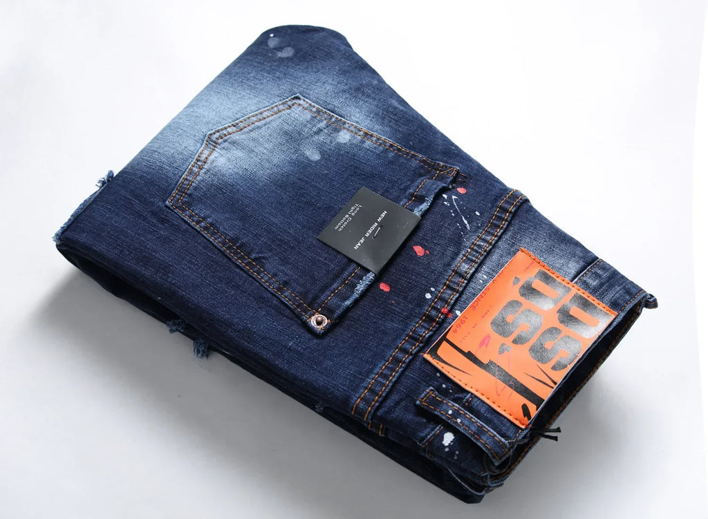 Men Ripped Skinny Denim Jeans Blue Holes Jeans Italian Style Stretch Denim Pants High Quality Male Slim Fit Denim Trousers  38