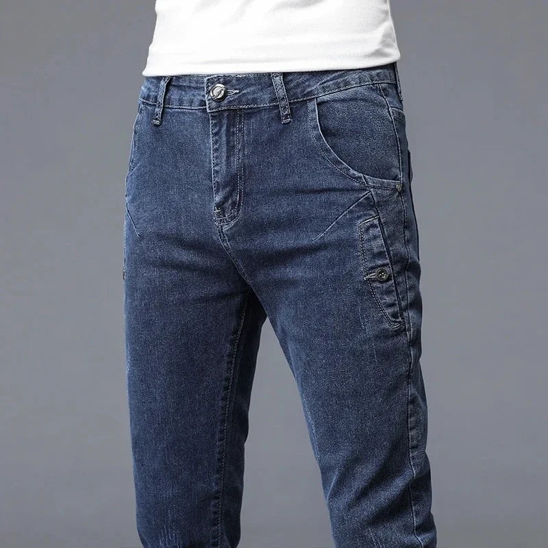2024 New Men's Skinny Jeans Blue Gray Cotton Elasticity Straight Pencil Foot Slim Fit Fashionable Casual Denim Long Pants Male