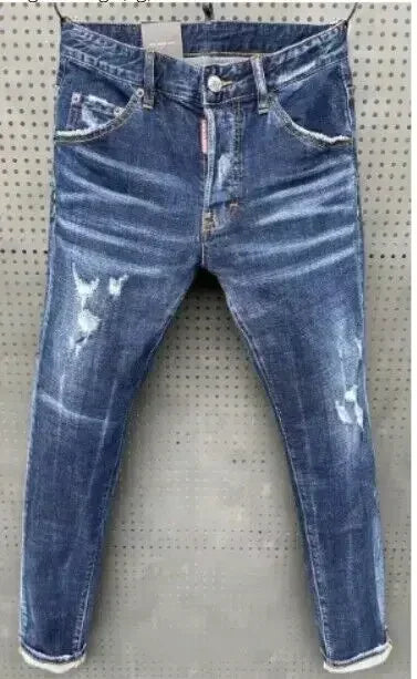 Men Ripped Skinny Denim Jeans Blue Holes Jeans Italian Style Stretch Denim Pants High Quality Male Slim Fit Denim Trousers  38