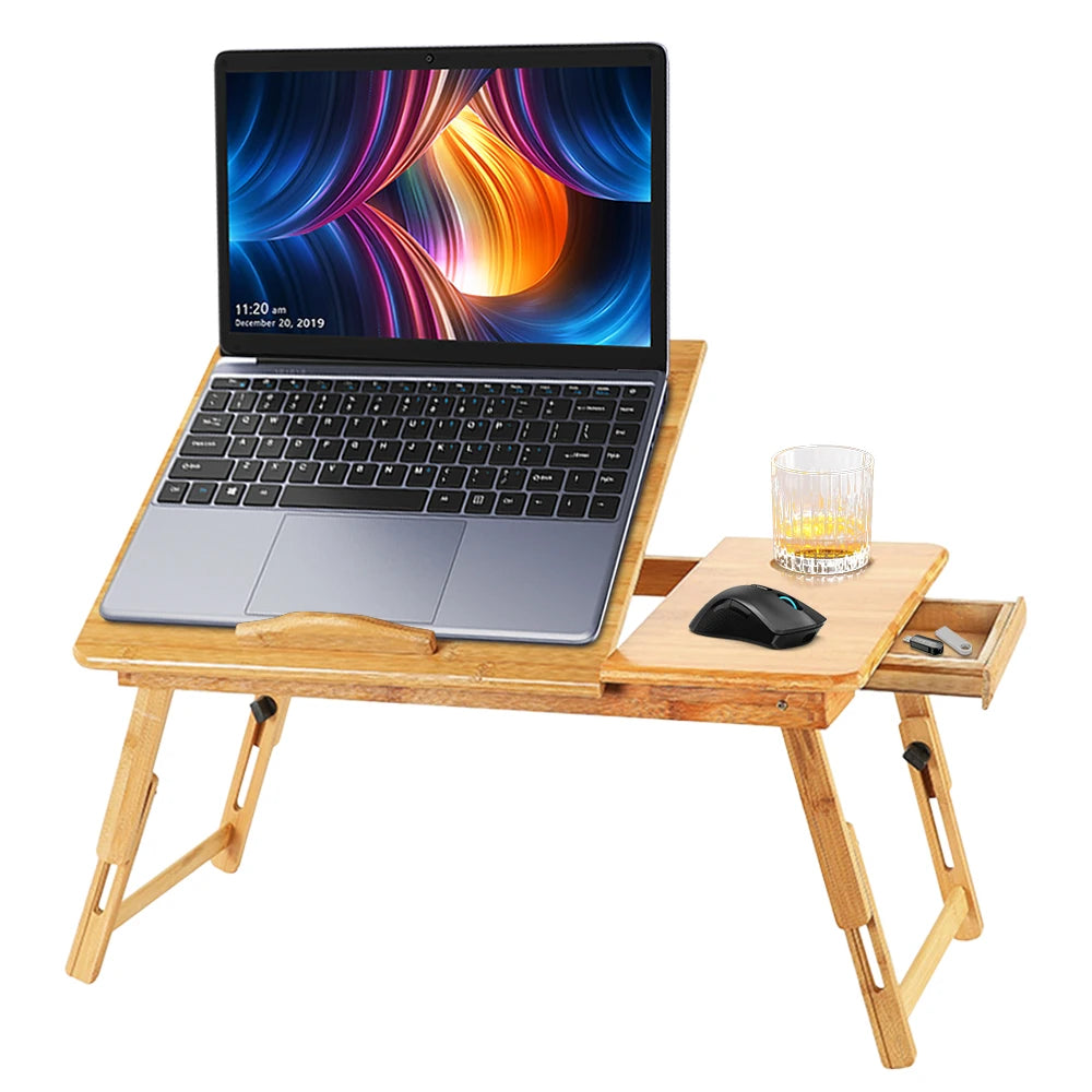 Laptop table, bamboo adjustable foldable laptop stand notebook table bedside folding table with drawer slots breakfast tray