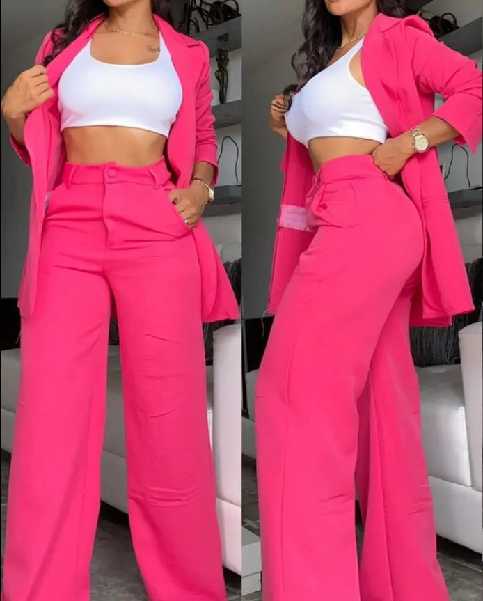 Two Piece Set Women Outfit Autumn Fashion  Collar Long Sleeve Blazer Coat & Elegant Pocket Design Work Pants Set
