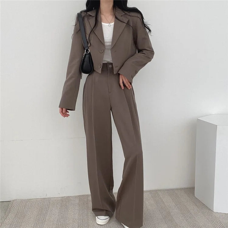 Suit Coat 2 Piece Set Women Blazer Jacket Straight Pants Ensemble Single Breasted Turn Down Collar Trousers Office Lady Outfits