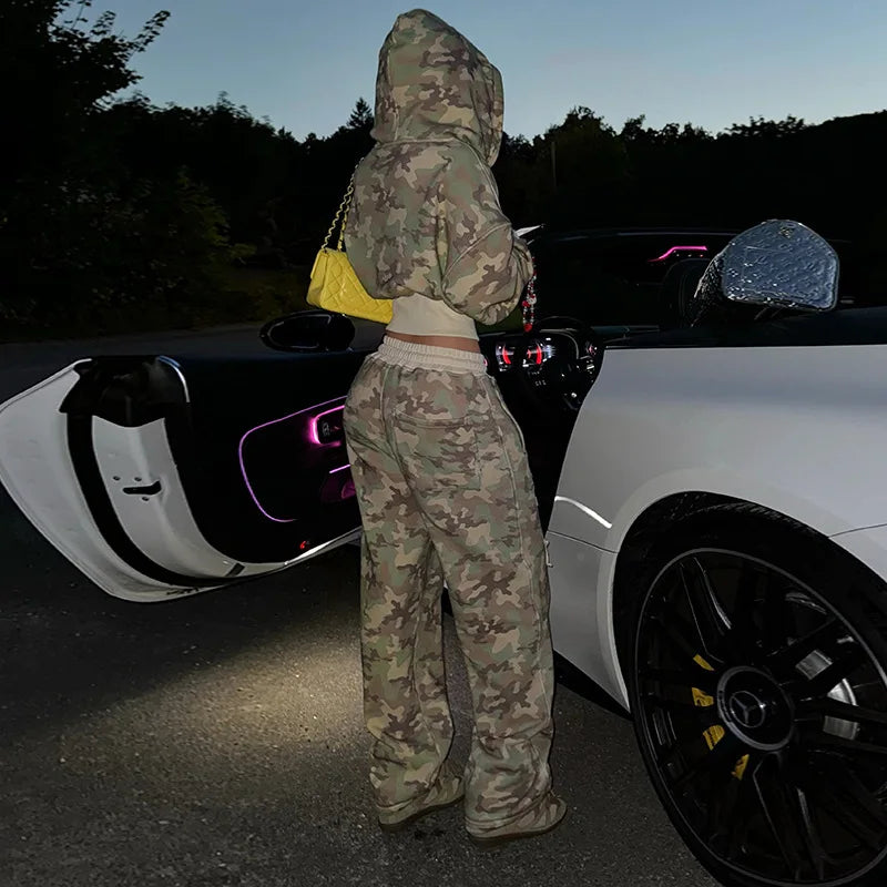 Women 2 Piece Sets Hooded Coat Straight Pants Camouflage Outfits Drawstring Zipper Jacket Tracksuit 2025 Streetwear Ensemble