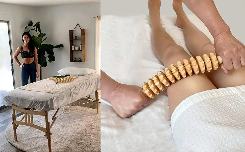 Body Fascia Massager Anti-slip Handle Wood Grooved Gear Arms Legs Thighs Buttocks Smooth Roller Massager for Back Relaxation