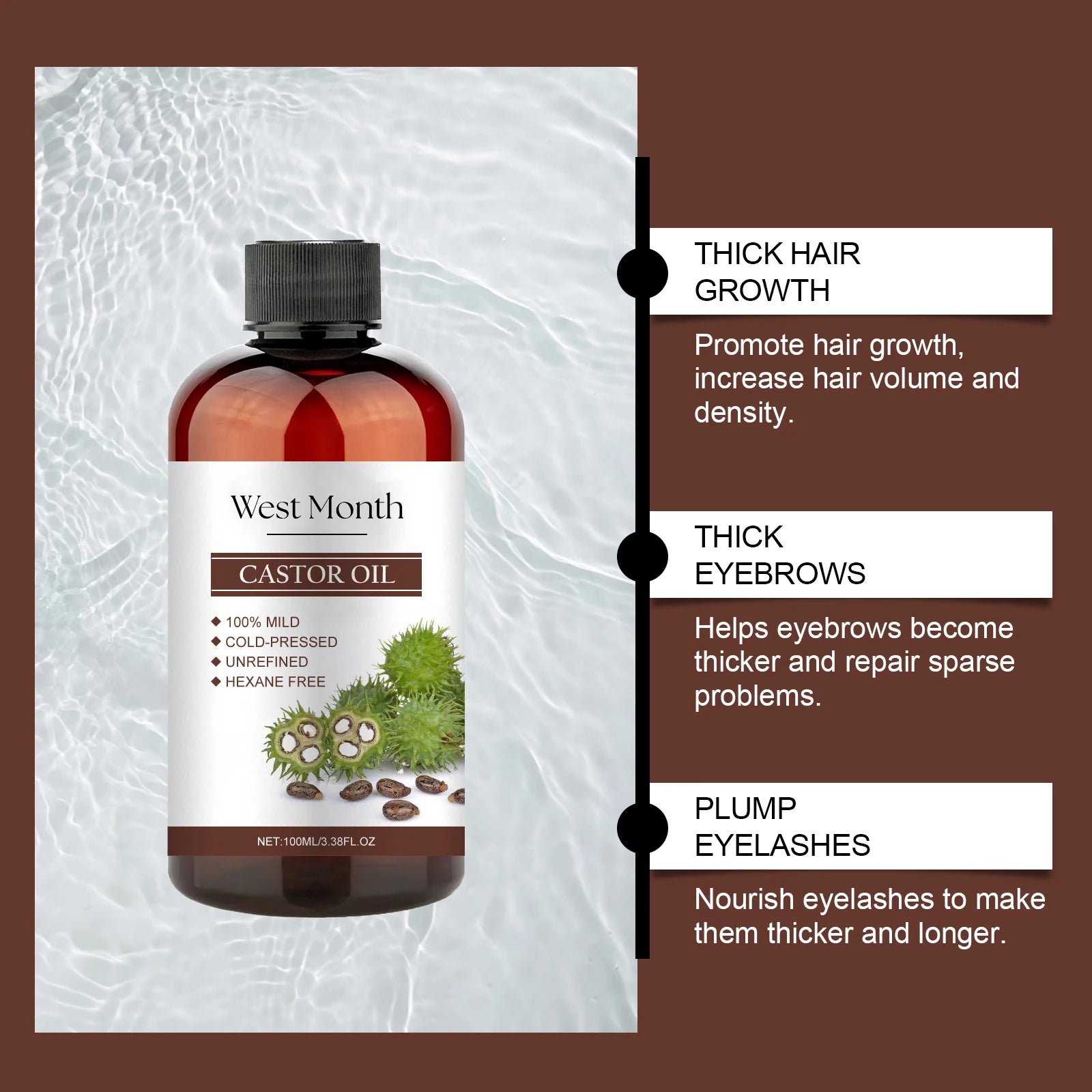 100ml Organic Castor Oil,Cold Pressed Unrefined Essential Oil For Hair Care Eyelash & Nail Growth Moisturizes Skin Hair Smoother