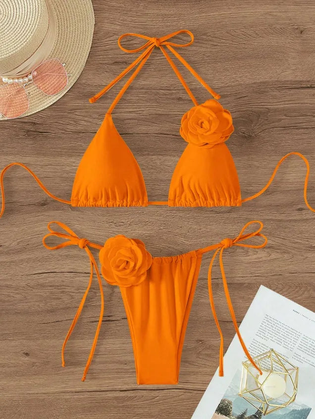 Sexy Bikini Set Women Swimsuit Black White 3D Floral Print Micro Bikinis Brazilian Cutout Beach Bathing Suit Thong Swimwear