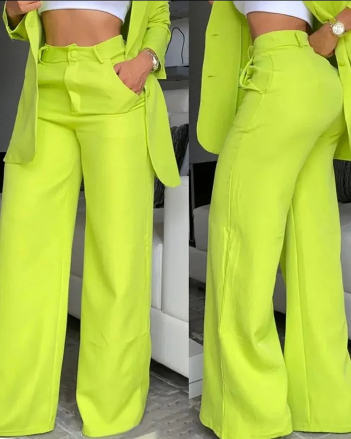 Two Piece Set Women Outfit Autumn Fashion  Collar Long Sleeve Blazer Coat & Elegant Pocket Design Work Pants Set