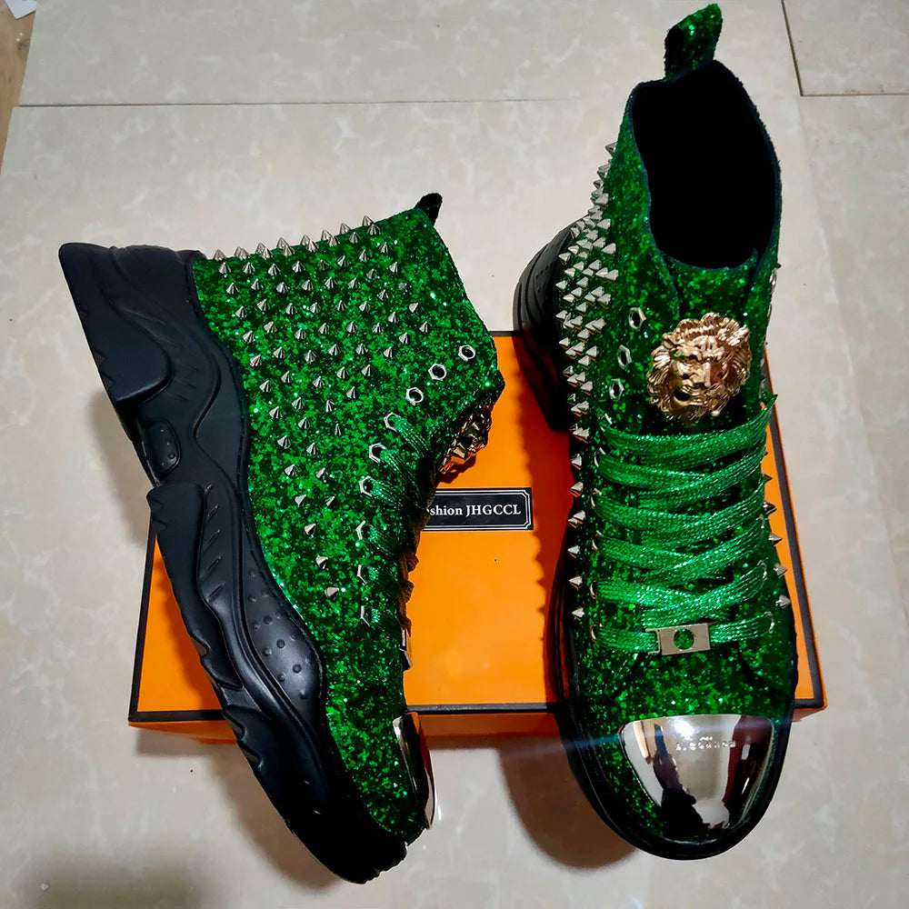 Luxury rivet Boots Men's shoes designer sneakers me n punk high tops gold red light bottom Casual Platfo A7