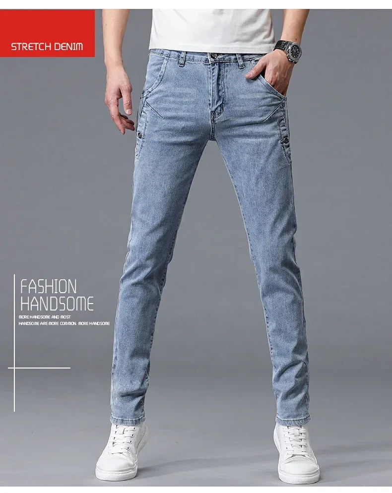 2024 New Men's Skinny Jeans Blue Gray Cotton Elasticity Straight Pencil Foot Slim Fit Fashionable Casual Denim Long Pants Male