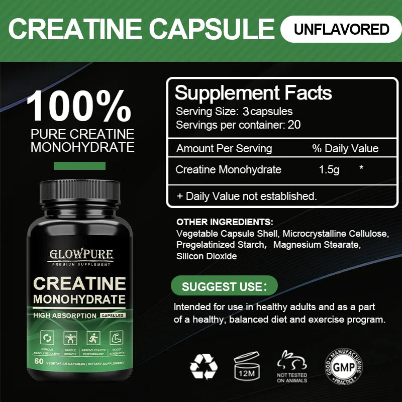 Creatine Monohydrate Capsules for Enhance Muscle Mass Strength & Performance Improvement Workout Recovery Mass Gainer