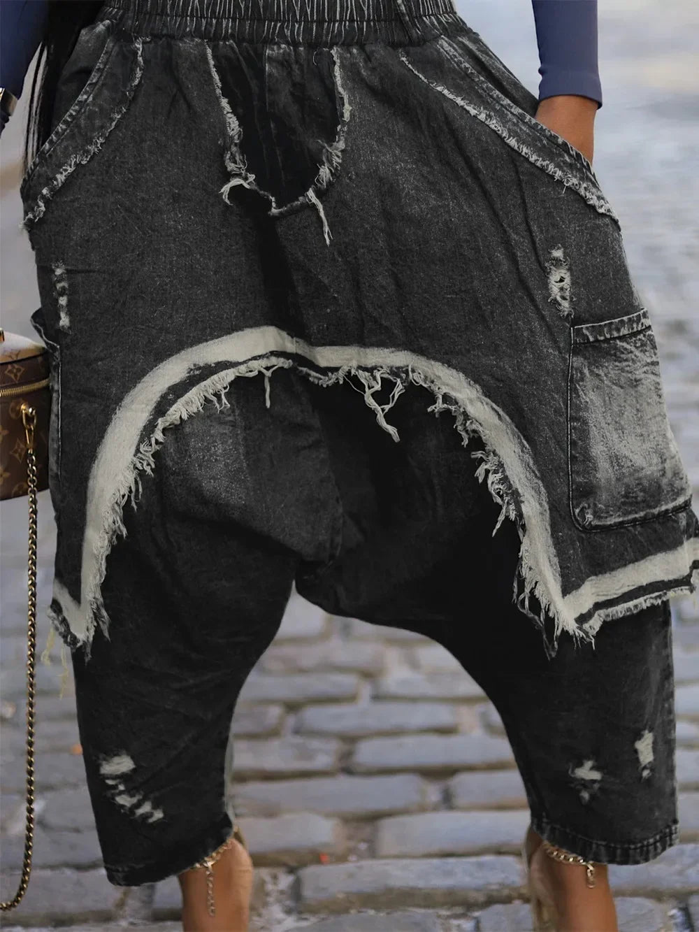 Women Jeans Harem Pants Hip Hop Punk Denim Pant Hole Elastic Waist Washed Distressed Pockets Streetwear 2025 Ripped Trousers