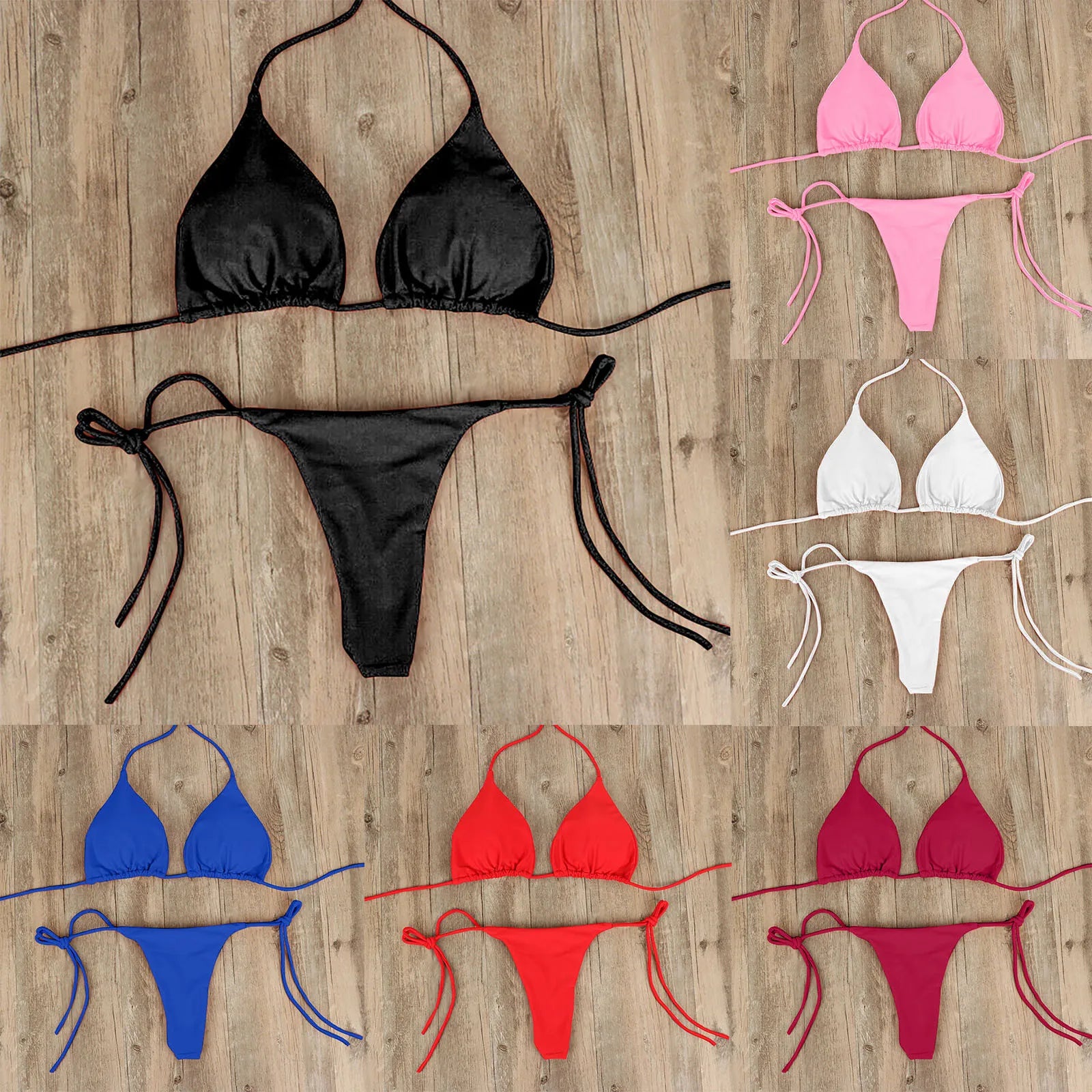 Sexy Women Bikini Lingerie Set Side Tie Swimsuit T--back Low Rise Thong Bandage Style Brazilian Swimwear Soft Solid Underwear