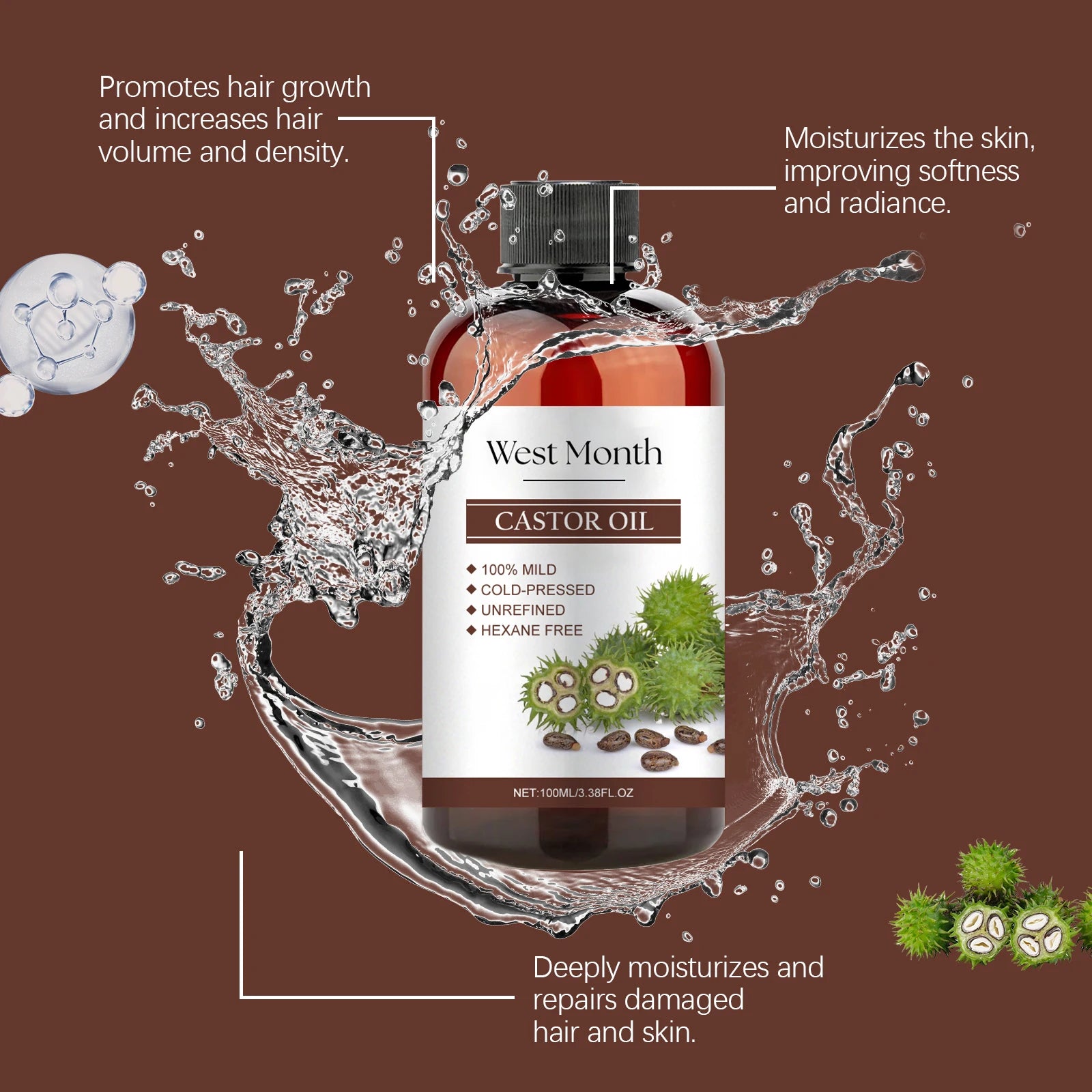 100ml Organic Castor Oil,Cold Pressed Unrefined Essential Oil For Hair Care Eyelash & Nail Growth Moisturizes Skin Hair Smoother