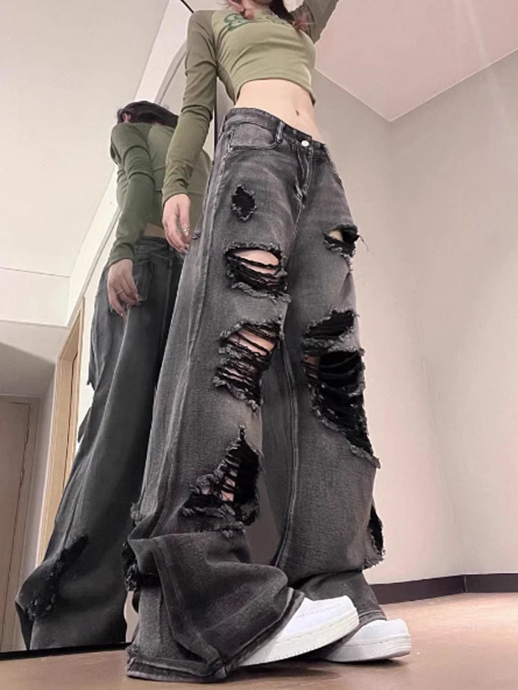 Women's Ripped Jeans Baggy Vintage Aesthetic Streetwear Cowboy Pants Harajuku Oversize Denim Trousers Y2k 2000s Trashy Clothes
