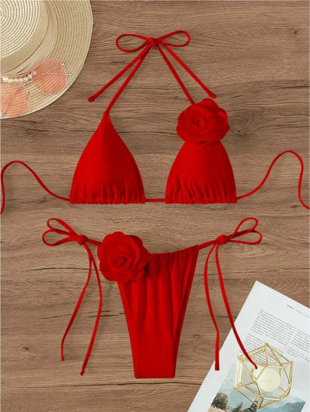 Sexy Bikini Set Women Swimsuit Black White 3D Floral Print Micro Bikinis Brazilian Cutout Beach Bathing Suit Thong Swimwear