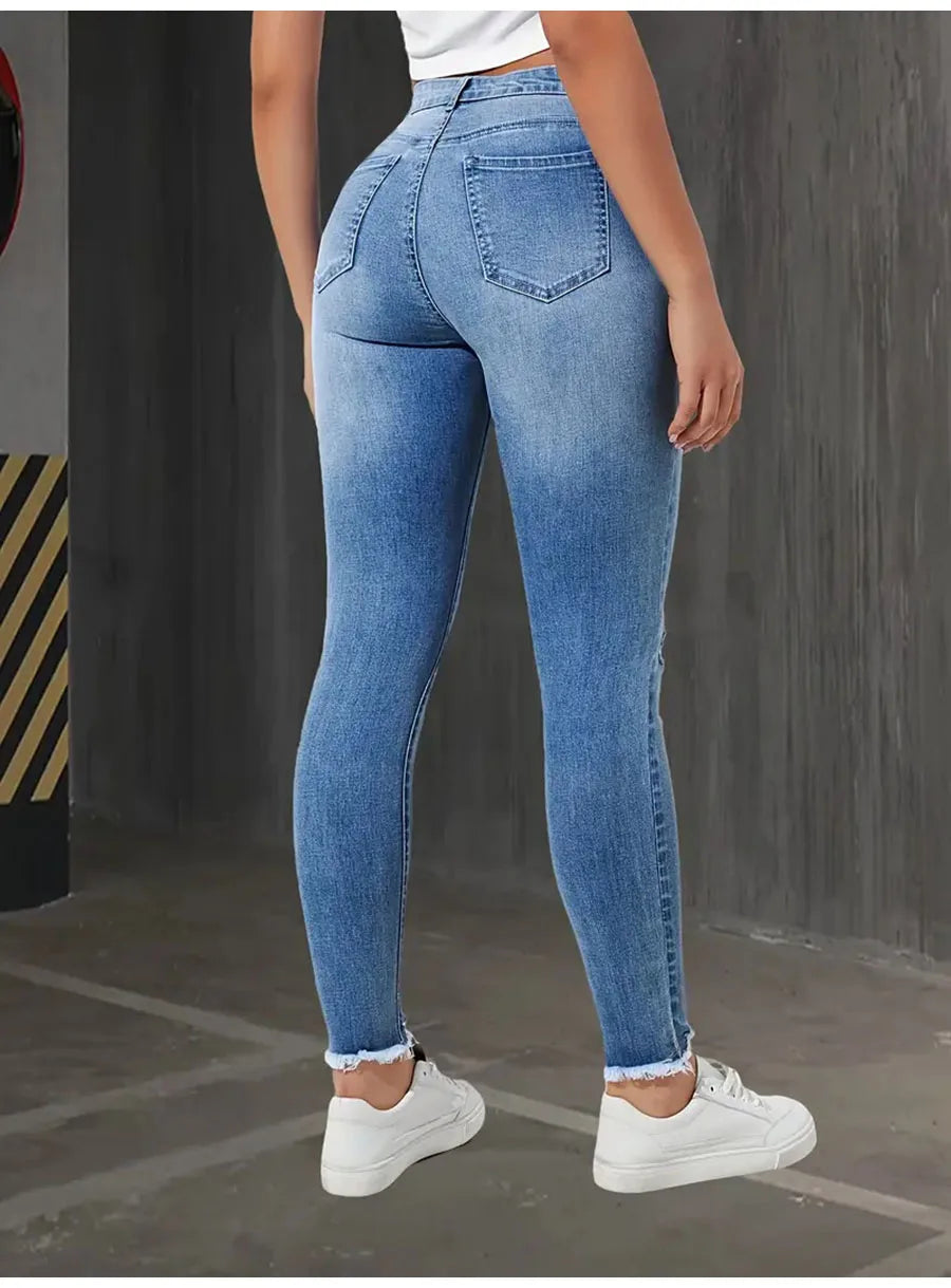 Fashion Skinny Hole Jeans Women 2025 Autumn Stretchy High Waisted Ripped Slim Retro Solid Color Denim Trousers Pants