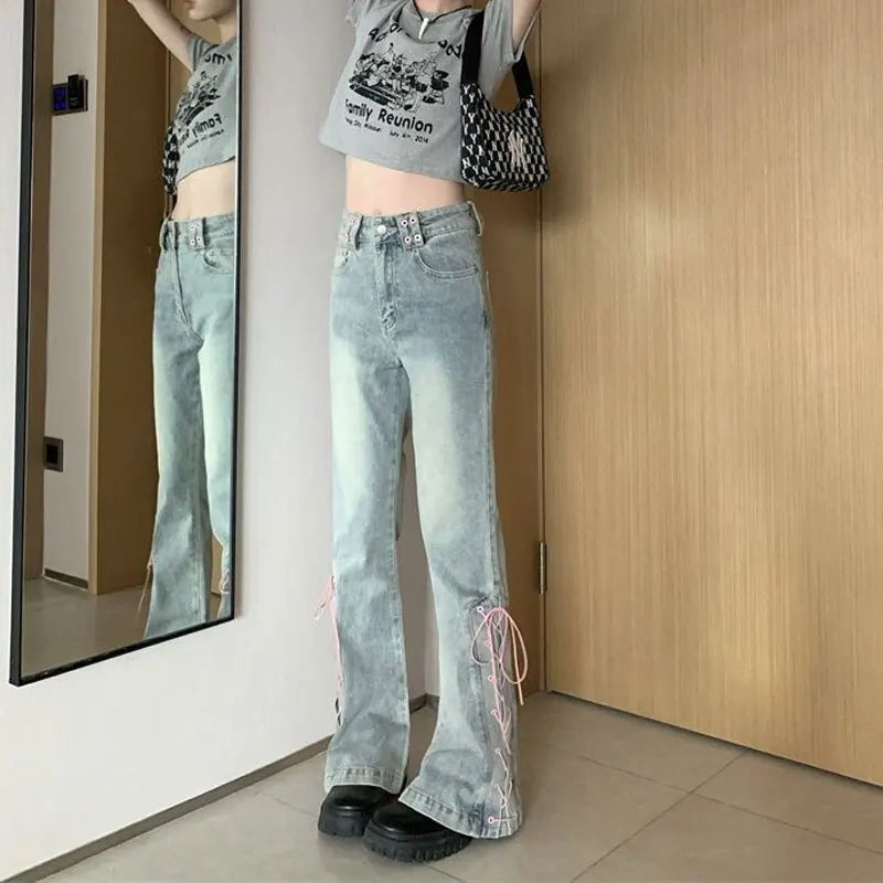 Y2k Pink Fashionable Lace-up Flared Jeans Autumn New High Waist Bootcut Denim Pants Female Clothing Korean Slim Vintage Trousers