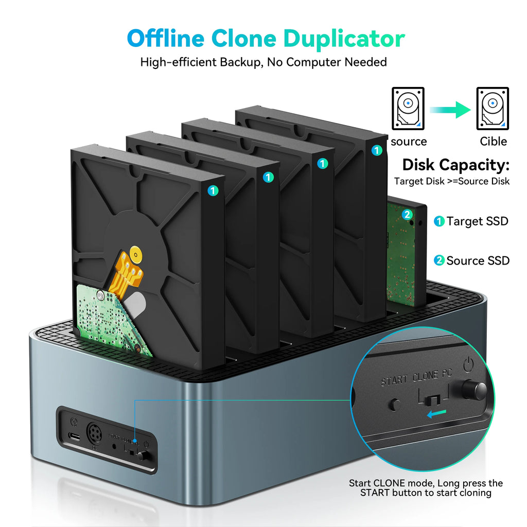 Yottamaster Aluminum 4/5 Bay SATA Hard Drive Docking Station Type-C 78W with Offline Clone for 2.5/3.5 inch SSD HDD Enclosure