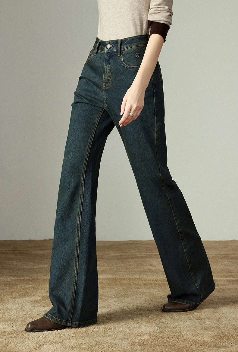TOYOUTH Women Stretch Jeans 2025 Winter New Slightly Flared Mid-low Waist Slim Fitting Slimming Warm Fleece-lined Long Pants