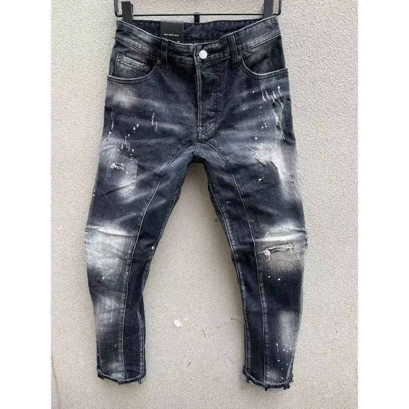 Men Black Ripped Denim Jeans Italian High Street Style Holes Jeans Denim Pants High Quality Male Slim Fit Denim Trousers Size 38