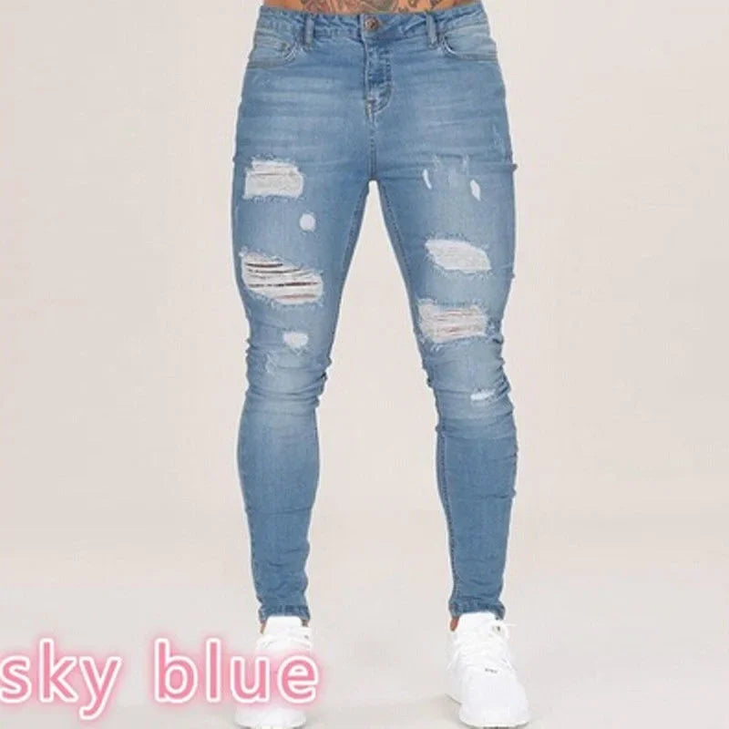 Mens Skinny Ripped jeans Slim scarification Blue Denim Pencil Pants Street hip-hop denim trousers fashion cowboy clothing men